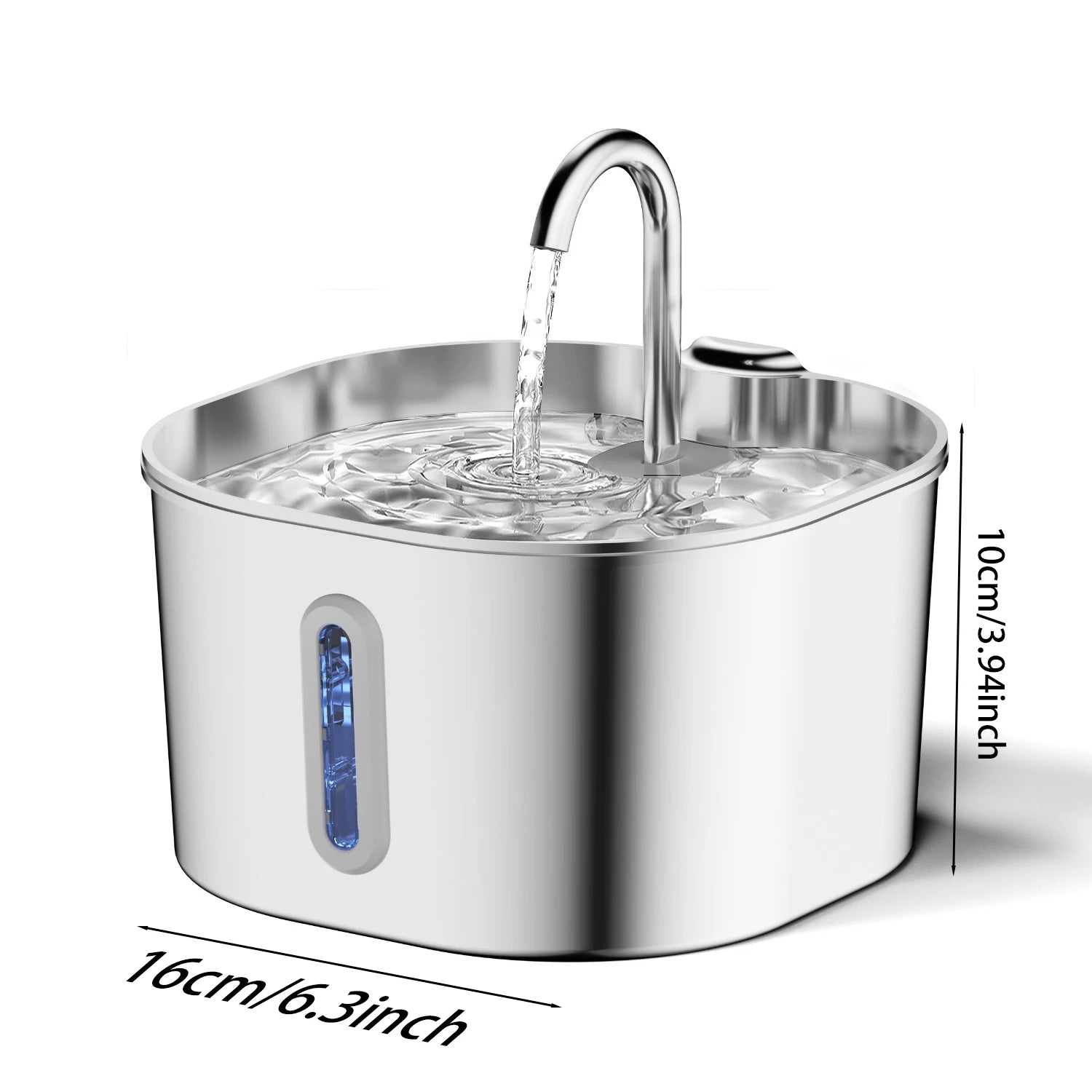 2.2L Automatic Cat Water Fountain Square Stainless Steel Pet Water Feeder Dog Water Fountain with window（No 5V 1A Plug）
