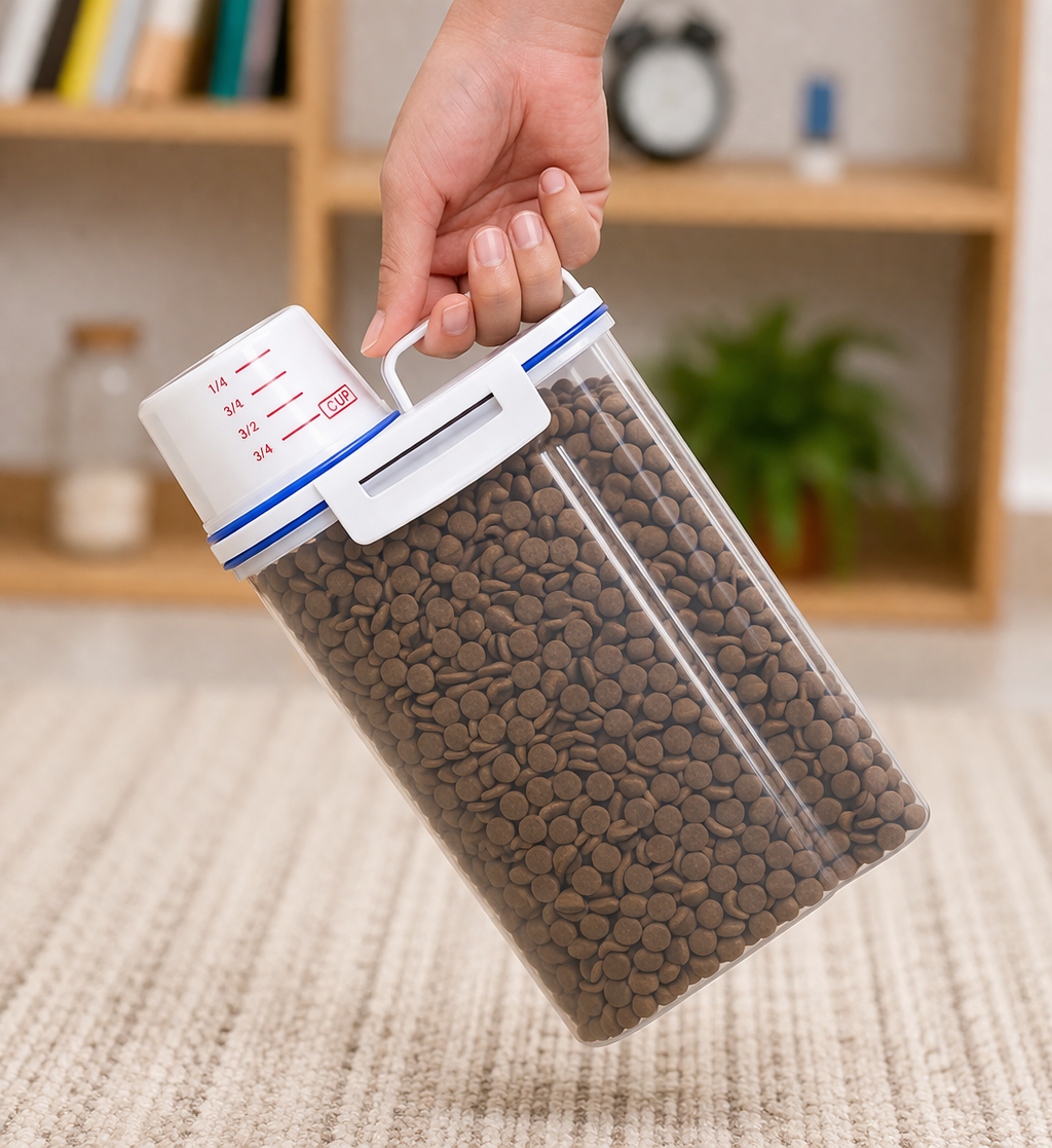1.5kg/2kg Dog Cat Food Pail Plastic Storage Tank with Measuring Cup Container Moisture-proof Sealed Jar Pet Supplies Accessories