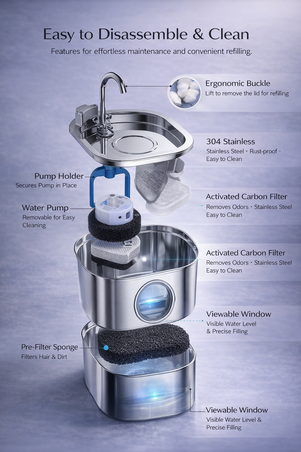 2.2L Automatic Cat Water Fountain Square Stainless Steel Pet Water Feeder Dog Water Fountain with window（No 5V 1A Plug）