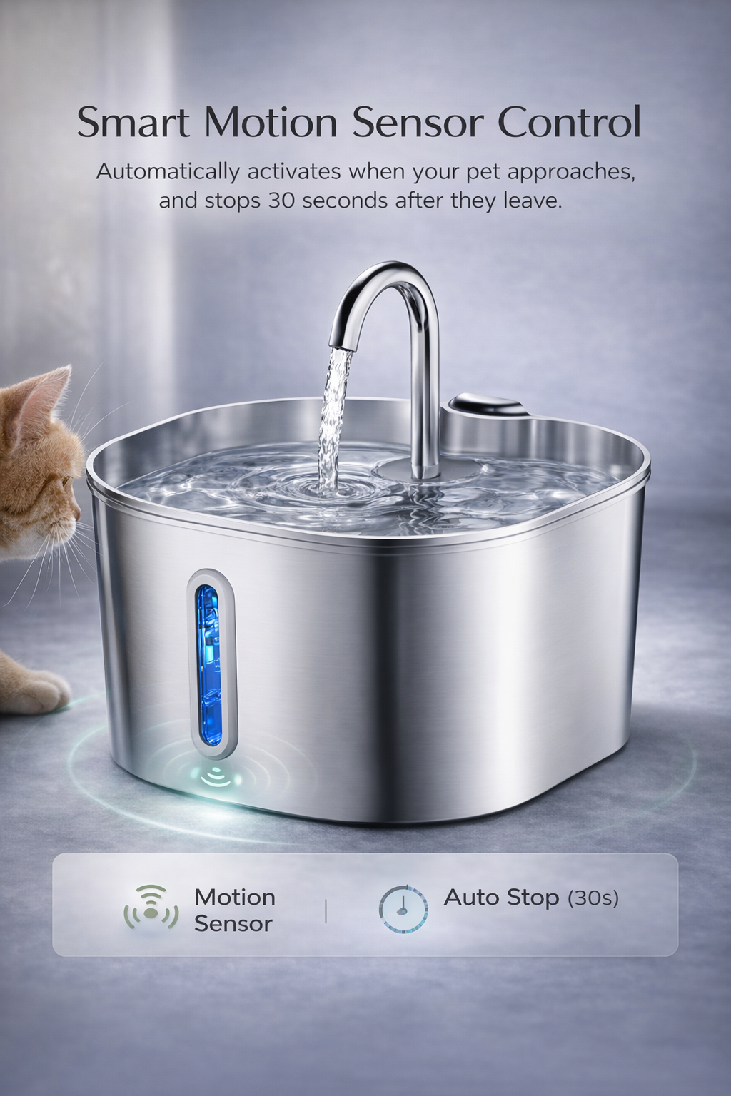 2.2L Automatic Cat Water Fountain Square Stainless Steel Pet Water Feeder Dog Water Fountain with window（No 5V 1A Plug）